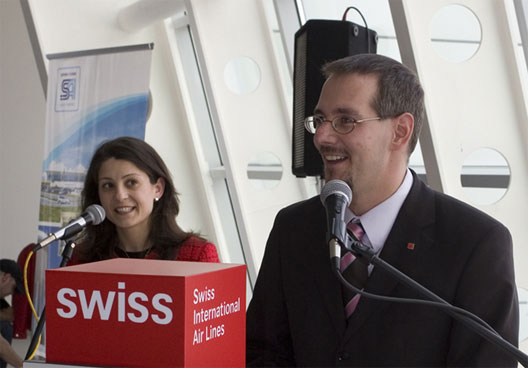 Image: Swiss Airlines general manager Gabor Horvat is pictured at the launch of a route