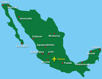Map: Toluca highlighted on map of Mexico