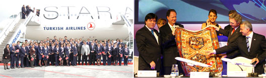Image: (Left) Star airlines group photo (Right) Handing over a Turikish carpet
