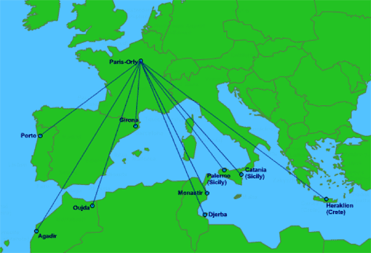 Map: Routes from Paris-orly