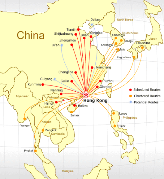 A 2007 flight map showing just how many places you can fly to from Hong Kong!