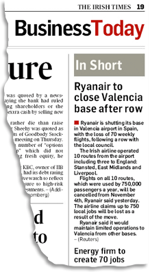 Image: Ryanair story cut out from the Irish Times
