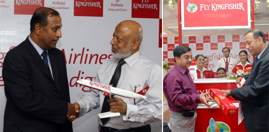 Image: Air Marshal Jamaluddin Ahmed, Chairman Biman Bangladesh Airlines presented with a commemorative model aircraft. Mr Ramachandran also hands over the first boarding pass to a guest.
