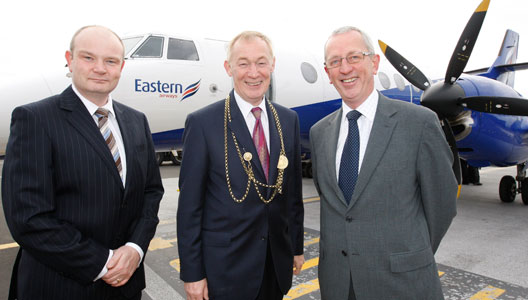 Image: Lord Mayor of Newcastle, Cllr Mike Cookson (centre), Eastern Airways’ Rob Thomson (right) and Cllr Bill Shepherd, Newcastle City Council’s Executive Member for Regeneration and Housing (left).