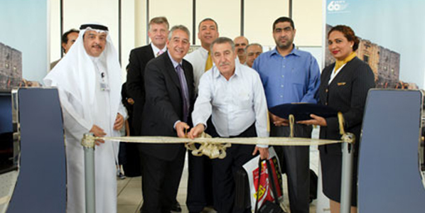 Gulf Air’s CEO Samer Majali cut the ribbon for the first passengers to Aleppo