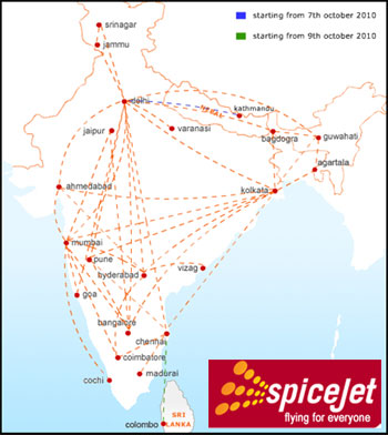 OK, SpiceJet has expanded a bit faster than this corporate map can keep up - it's missing Kolkata-Jaipur, Jaipur-Ahmedabad, Chennai-Hyderabad, Chennai-Mumbai, Chennai-Ahmedabad. And Pune-Kolkata is not a direct flight.