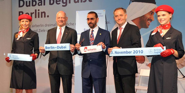 298 passengers boarded the first flight between Berlin and Dubai after Joachim Hunold, CEO airberlin; Mohammed Ahmed Al Mahmood, Ambassador of the UAE to Germany; and Rainer Schwarz, CEO Berlin Airports, cut the ribbon. The gate area was turned into a desert landscape with live Middle Eastern music and belly-dancing. Dr Schwarz remarked: “People from Berlin and Brandenburg have had to wait for a direct service to Dubai for a long time – but that day is finally here. We are now moving another step closer to the people and markets of the world.”