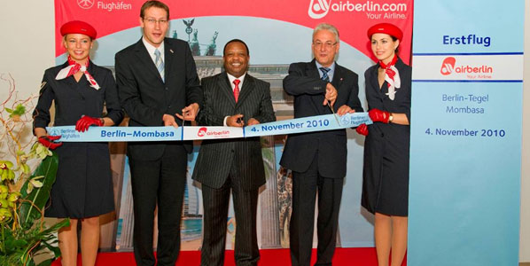 Marjan Schöke, Marketing Manager at Berlin Airports; Ken N. Osinde, Kenyan Ambassador to Germany; and Detlef Altmann, Director Tourism Sales at airberlin, cut the ribbon for airberlin’s new link between Berlin and Mombasa.