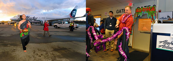 Alaska Airlines inaugurated its daily Bellingham-Honolulu service in January. A Hawaiian priest blessed the aircraft on the tarmac, while frequent flier David North cut the lei before boarding.