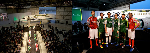 Alaska Airlines is the official jersey partner of the Portland Timbers for the 2011 Major League Soccer season. The official uniforms, training wear and apparel line were unveiled to 1,000 fans at a fashion event – ‘Runway on the Runway’ – held in sister carrier Horizon Air’s hangar at Portland International Airport.