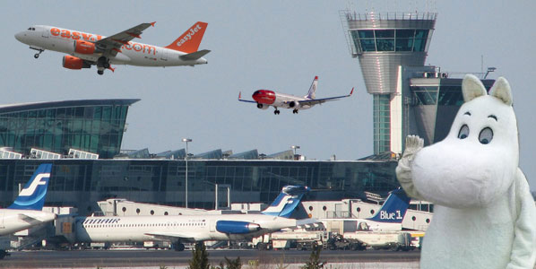 Moomintroll oversees easyJet’s departure and Norwegian’s arrival at Helsinki Airport.