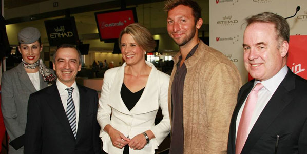 In Sydney, V Australia’s new route to Abu Dhabi in partnership with Etihad was celebrated by Virgin Blue Group CEO John Borghetti; New South Wales Premier Kristina Keneally; Olympic swimmer Ian Thorpe; and Etihad’s CEO James Hogan.