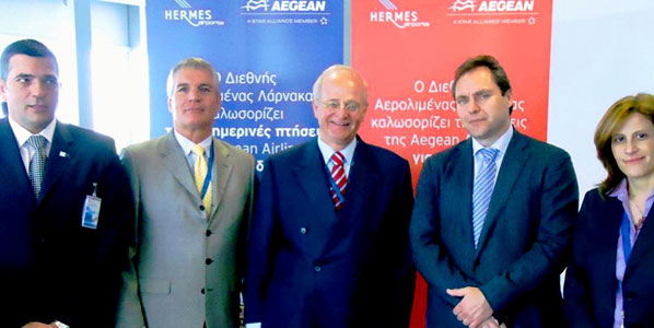 Celebrating Aegean Airlines’ new base at Larnaca in Cyprus were Costas Alexandrou, Aegean’s International Sales Manager; Ken Hassard, Hermes Airports’ Executive Manager Commercial and Marketing Dept; Alfred van der Meer, CEO Hermes Airports; Eftichios Vasilakis, Aegean’s Vice Chairman; and Maria Kouroupi, Hermes Airports’ Manager Marketing.