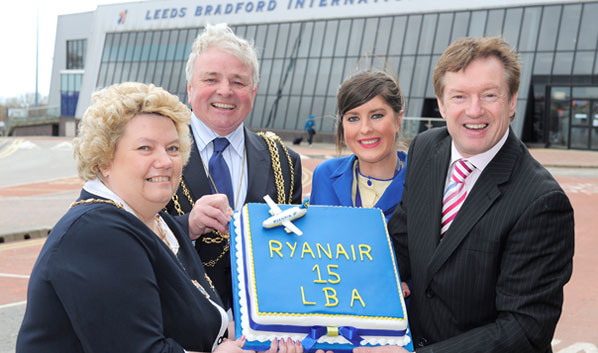 Leeds/Bradford Airport celebrated Ryanair’s 15th anniversary at the airport. Lady Mayoress, Councillor Andrea McKenna, and the Lord Mayor of Leeds, Councillor Jim McKenna, joined Ryanair’s Danielle Moynihan and the airport’s Commercial and Aviation Development Director Tony Hallwood to celebrate with a cake. The Dublin-born Lord Mayor has regularly used Ryanair’s Dublin route, which was the airline’s first service to LBA in 1996.