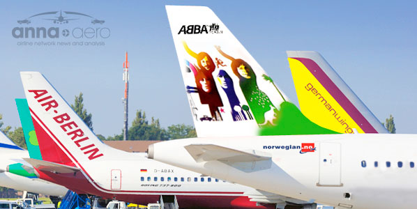 Oh look – there’s that cunning fake “famous ABBA” Norwegian tail again. Norwegian joined the ranks of airlines operating Stockholm-Berlin this month and the cost of a fare got more competitive – and complex. Despite the muddle of fees, as might be expected, the cheapest is Ryanair followed by Norwegian, germanwings, airberlin, then SAS. 