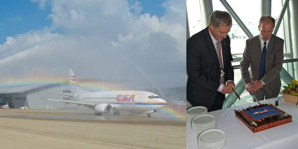 CSA next year celebrates 75 years at Brussels Airport and starts the celebrations early by this year adding flights from Bratislava. A rainbow formed as the inaugural flight was welcomed to the Belgian capital where Jos Stroobants, Brussels Airport’s Director Aviation Development, and Pascal Van De Moortel, CSA’s Country Manager, cut the cake.