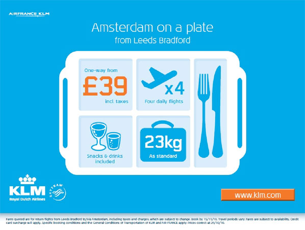 KLM has recently launched a new advertising campaign aimed at generating more passengers from UK regional airports by highlighting what is included in the airline's one-way fares.  KLM serves Amsterdam from 13 UK regional airports plus London Heathrow (and London City with Air France). 