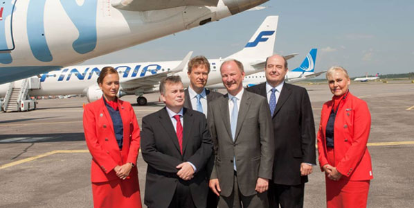 Flybe Nordic hopes to reveal its new winter network in mid-August. Announcing the new joint venture along with Flybe cabin crew last week were Mike Rutter, CCO Flybe; Juhani Pakari, CEO Finncomm; Mika Vehviläinen, president and CEO Finnair; and Mark Chown, deputy chairman Flybe.