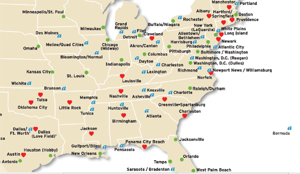 The above map shows all the airports that Southwest and airTran currently serve in the US North-East. The four AirTran destinations that will be axed in early 2012 are highlighted.