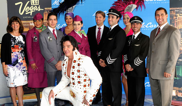 Officials from Las Vegas McCarran International and the Las Vegas Convention and Visitors Authority held a welcoming ceremony for Volaris’ first flight from Mexico City. Showgirls and Elvis were on hand to welcome arriving passengers and airline officials. The new service complements the low-cost carrier’s existing route from Guadalajara.