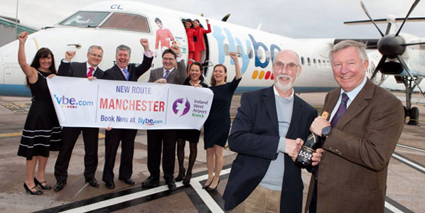 Yes, it is Sir Alex Ferguson (right), Manchester United’s manager, who welcomed the first passenger on Flybe’s Manchester-Knock route, Harold Sampson, with a bottle of champagne. Celebrating the new four weekly flights in the background were Laura Jurgens Flybe’s sales manager north England; Andrew Harrison, MD Manchester Airport; Tim McDermott, Manchester Airport’s operations director; Joe Gilmore, MD Ireland West Airport Knock; Andrea Hayes, Flybe’s GM market development; and Vanessa Markey, Tourism Ireland’s head of Great Britain.