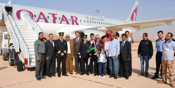 Qatar Airways’ Chief Flight Operations Officer Captain Suhail Abdul Hameed Ismaeel, who flew on the inaugural service from Doha to Benghazi, is pictured sixth left, along with well wishers, including airport officials at Benghazi’s Benina International Airport. Qatar Airways now flies four flights a week to Libya’s second-largest city.