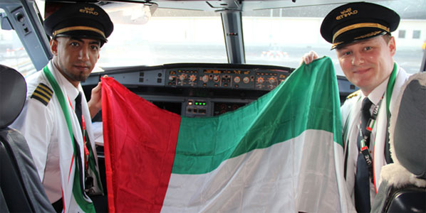 On National Day, December 2 Etihad Airways staged a special “Flying the Flag” 40th birthday flight over all seven emirates, taking off from Abu Dhabi and visiting the airports of Dubai, Sharjah, Ras Al Khaimah, Fujairah and Al Ain. In the cockpit of the A320 were First Officer Ahmed Saleh Husain and Captain Declan Keller.
