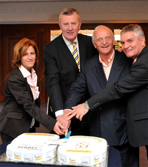 Cutting that delicious-looking cake: Maria Kouroupi, Marketing Manager, Hermes Airports, Ryanair COO and Deputy CEO Michael Cawley and Fred van der Meer, CEO Hermes Airports.