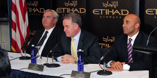 Announcing the new route at a press conference in the US capital were John E. Potter, Metropolitan Washington Airports Authority President and CEO; James Hogan, Etihad President and CEO; and Yousef Al Otaiba, UAE ambassador to the United States.