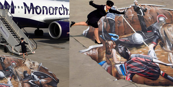 For the launch of the new Italian routes to Milan, Rome, Venice and Verona at the end of March Monach had these huge 3D artworks painted on the apron at Gatwick. Using aerosol it took artist Sam Hope 60 hours create this Italian job into which a member of Monarch cabin crew looks like she is about to realistically fall. Photos: ©London Media Press Ltd.