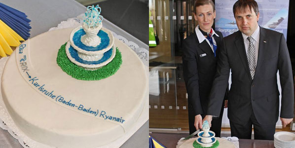 Riga celebrated the new route from Ryanair’s Baden-Baden base with a cake symbolising the German city’s famous thermal hot springs. Agnese Sudmale, representative of Riga International Airport, cut the cake together with the airport’s board member Aldis Mūrnieks.