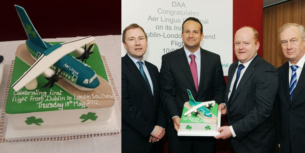 A cake was baked at the Irish end of the route as well. Displaying it were Aer Lingus CCO Stephen Kavanagh; Leo Varadkar, Irish Minister for Transport, Tourism & Sport; Aer Arann Interim CEO Sean Brogan; and Dublin Airport Authority’s Acting CEO Oliver Cussen.