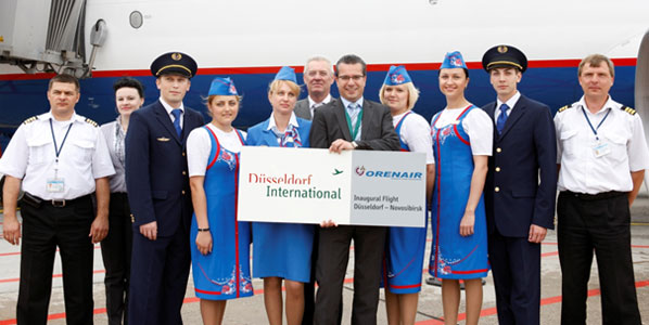 Düsseldorf Airport’s Director Aviation Marketing, Ulrich Topp, welcomed OrenAir’s representative for Germany, Heinrich Thissen (in background), and the airline’s crew after the first flight from Novosibirsk.