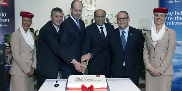 Melbourne Airport welcomed Emirates’ first A380 this week, as it commenced daily services to Dubai and Auckland. Cutting the celebratory cake in the Emirates lounge in Melbourne were Chris Woodruff, the airport’s CEO; Gordon Rich-Phillips, Victorian Aviation Minister; as well as Emirates Airlines’ Salem Obaidalla, SP Commercial Operations Far East & Australasia; and Dean Cleaver, Regional Manager Commercial Operations. 