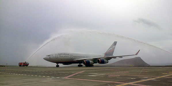 A traditional water cannon salute awaited Aeroflot’s new service from Moscow Sheremetyevo in Tenerife Sur.