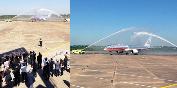 Cheering crowds and a water-cannon salute welcomed American Airlines back in Paraguay’s capital Asunción after a six-year absence.
