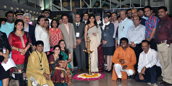 Celebrating Etihad’s arrival in Gujarat were Ramendra Kumar Singh, Islamabad’s Airport Director; Ali Mohamed Ali Rashed, GM Airport Operations; and Neerja Bhatia, Etihad’s GM India (centre), together with the Etihad crew and local travel community.