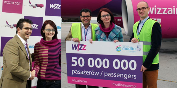 Anna Wilson, who was travelling from Białystok in eastern Poland to London Luton, was awarded a year’s worth of free Wizz Air tickets by the airline’s Daniel de Carvalho, Corporate Communications Director; and Modlin Airport’s Piotr Lenarczyk, Chief Specialist Aviation Sales.