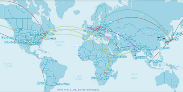 A map of the world showing routes using the Boeing 787.