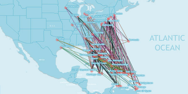 A map of flight routes between the US and the Caribbean.