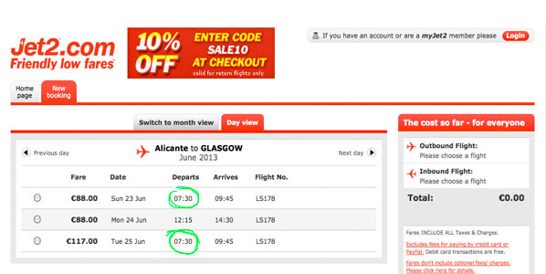 Circled are two of the six flights that tell us that Jet2.com is starting a base in Alicante this summer