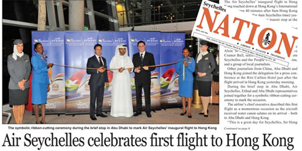 Air Seychelles’ CEO, Cramer Ball; Abu Dhabi Airports’ CCO, Mohamad Al Baloo; and Etihad Airways’ CCO, Peter Baumgartner, performed the symbolic ribbon-cutting ceremony during the brief stop in Abu Dhabi.