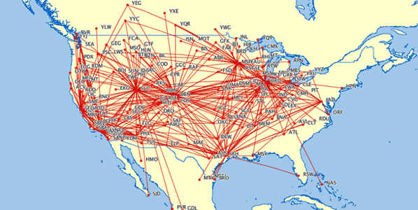 Airline route map of America (including Mexico)
