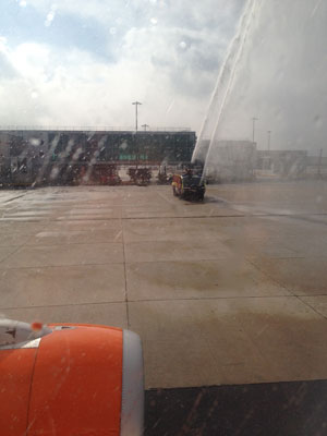 Traditional new route water arch salute from London Gatwick fire trucks