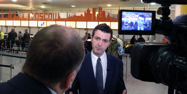Stephenson being interviewed at the Gatwick-Moscow launch.