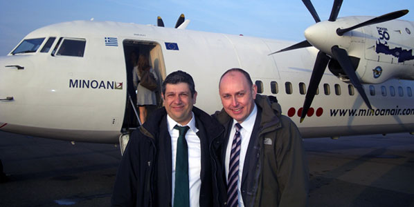 Minoan Air’s CCO Marcos Caramalengos (left) was there to celebrate the launch of the airline’s operations from London Oxford Airport to Edinburgh on 4 March with anna.aero’s Editor Marc Watkins.