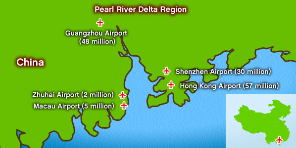 A map of China's Pearl river delta region, showing airport locations.