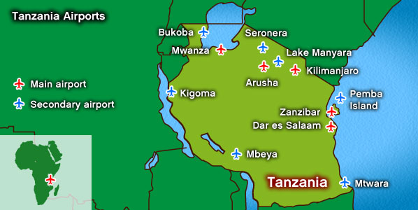 A map of Tanzania, displaying main and secondary airports.