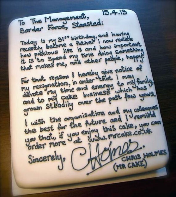 A London Stansted Airport UK Border Force employee has announced his resignation – via the medium of cake.