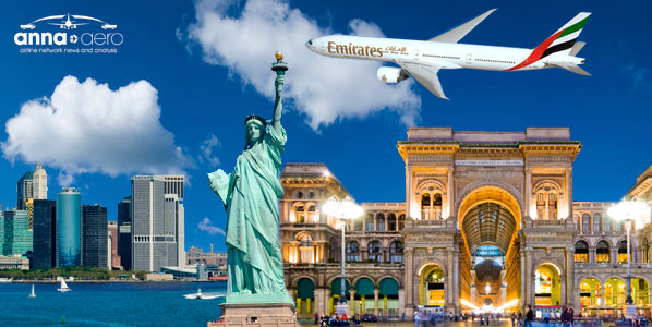 Emirates arrival on the Milan-New York city pair with daily 777-300 services.